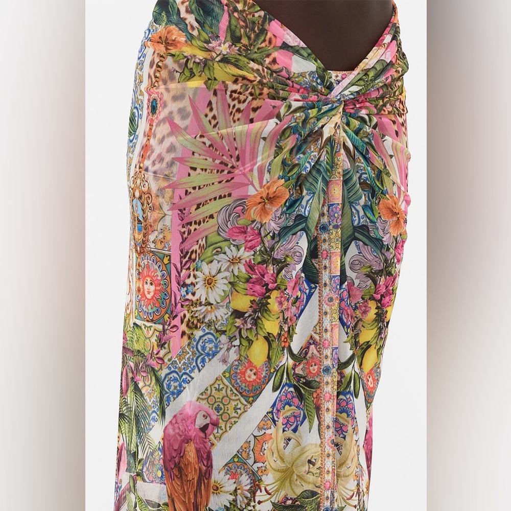 Camilla “Flowers of Neptune” sheer long twist front boho swim coverup skirt M - Picture 4 of 10